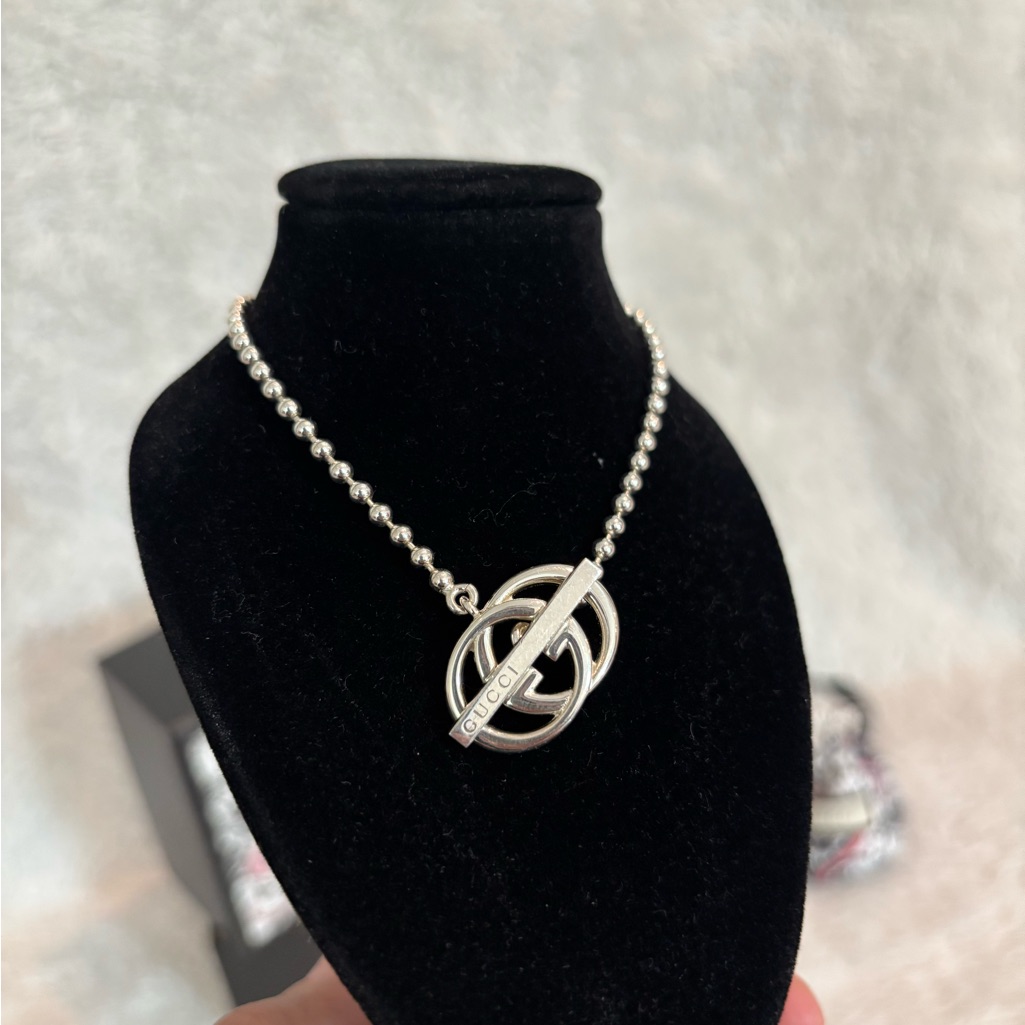 Gucci Logo Toggle Necklace Sterling Silver Bead Chain